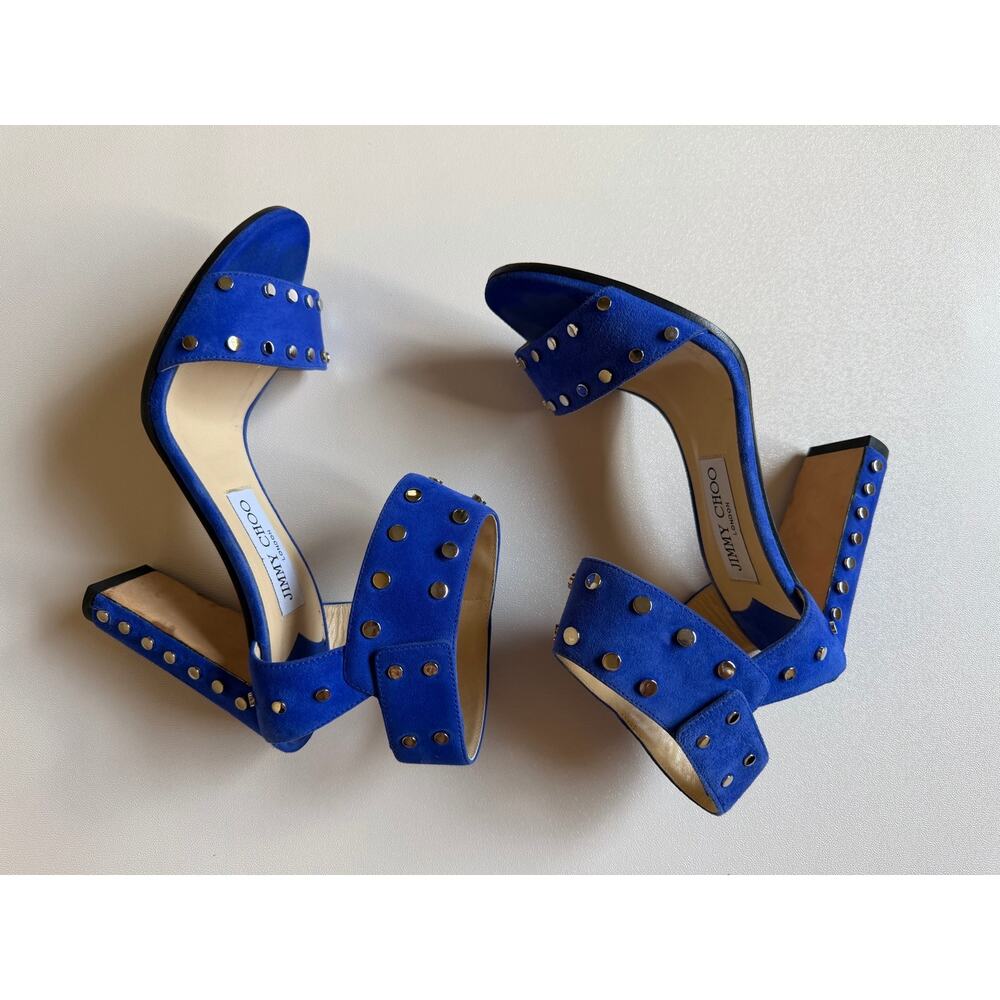 Jimmy Choo Women's Blue Silver Veto Suede Studded Heels Sandals Size EU37/US7